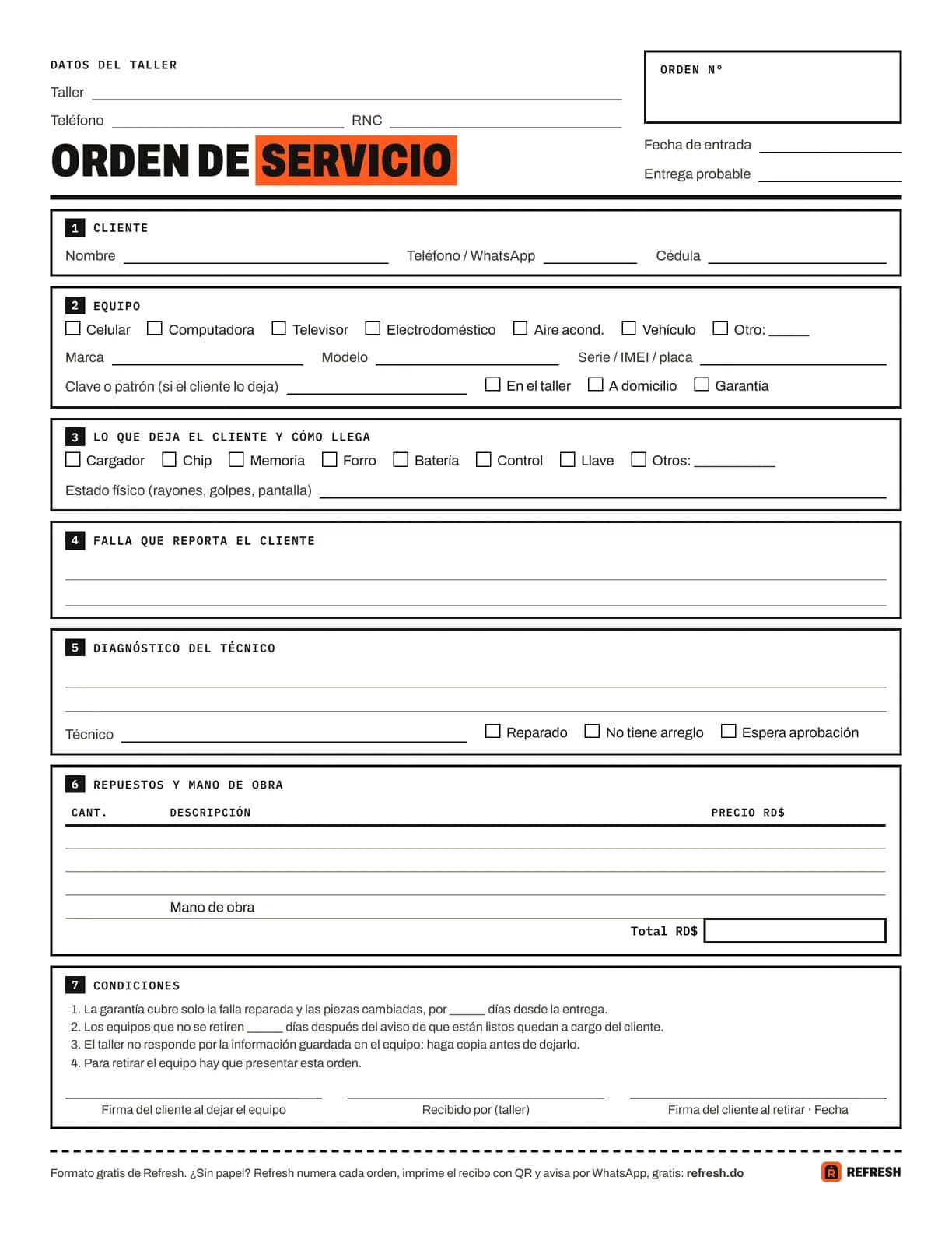 Vista previa del formato de orden de servicio de Refresh: datos del cliente, equipo, accesorios, falla, diagnóstico, repuestos, condiciones y firmas.